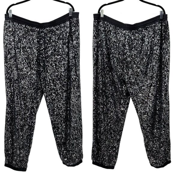Scoop Women’s Sequin Joggers 3X Black Silver Pull-on Relaxed Drawstring Pockets - Picture 1 of 13